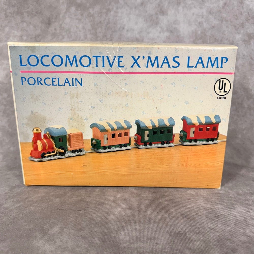 Vtg Porcelain Locomotive Christmas Lamp Train 4 Piece Set Holiday Decor 90s NEW